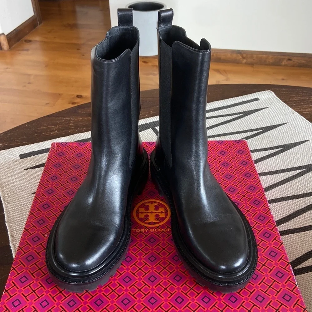 TORY BURCH REVOLVE Black Mid-Calf Leather Boots